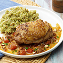 Tomato Roasted Chicken Thighs with Lima Bean Puree